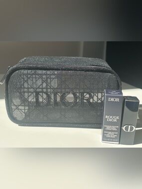 Dior Black Mesh Make-up Bag & Mini Rouge Dior in Nude Look #100 Velvet Finish